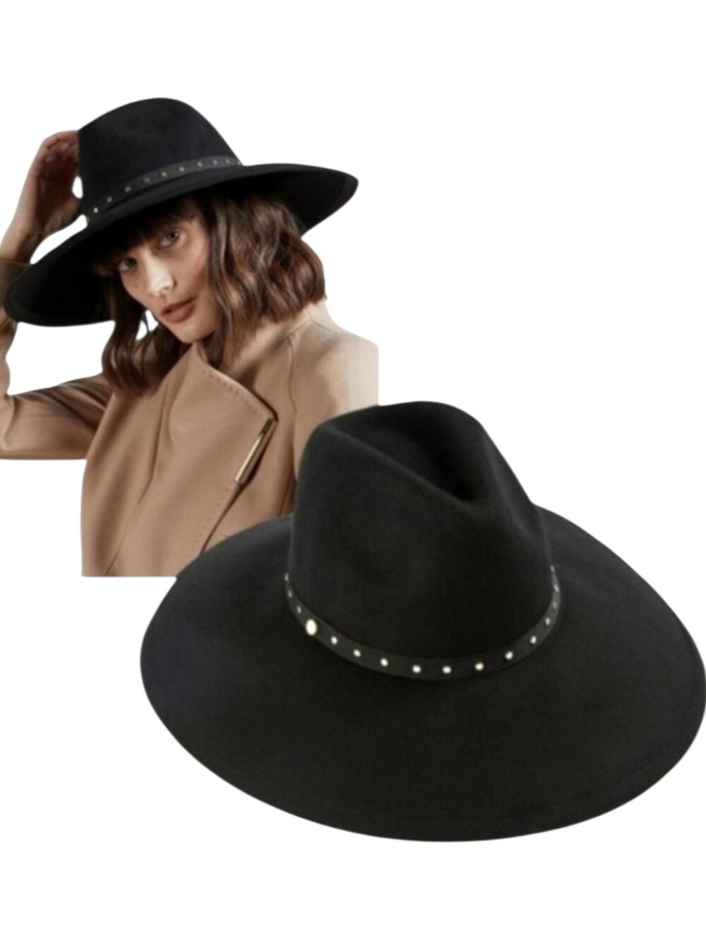 Ted Baker Womens Rosieyy Black Wool Felt Studded Wide Brim Fedora Hat Size S M